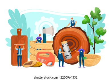 Wood worker man person work at industry job, vector illustration. Professional male lumberjack with cartoon equipment tool.
