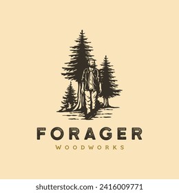 wood worker man walk on the forest holding toolbox vintage logo design do using procreate and adobe illustrator