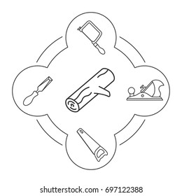 Wood working tools linear icons set. Logging. Hand saw, jigsaw, chisel, jack plane. Isolated vector illustrations