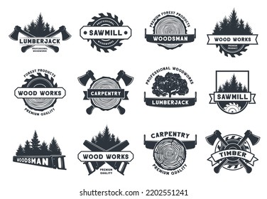 Wood works badge. Lumberjack, sawmill and carpentry emblems. Trees, pine log cut, saw and axe tools vector template set of logo stamp sawmill illustration