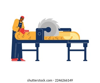 Taller de madera o trabajador de aserradero que trabaja en equipos industriales profesionales, ilustración plana vectorial aislada en fondo blanco. Carácter para carpintería y aserradero.