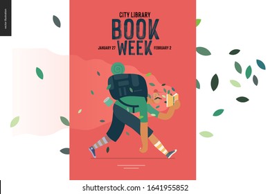 In the wood -world Book Day poster template -book week events. Modern flat vector concept illustrations of reading people -man with mustache, cap, snickers and backpack in the forest reading a book