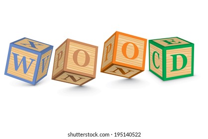 WOOD escrito con bloques alfabéticos - ilustración vectorial