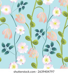 Woodbine or honeysuckle and sweetbriar or dog rose in a vertical trailing pattern - pale pinks and peaches on a sky blue background, with green stems and leaves.