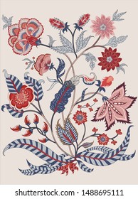 Woodblock printed  ethnic floral all over pattern. Traditional oriental motif of India Mogul with bouquets of scarlet red flowers on ecru background. Textile design.