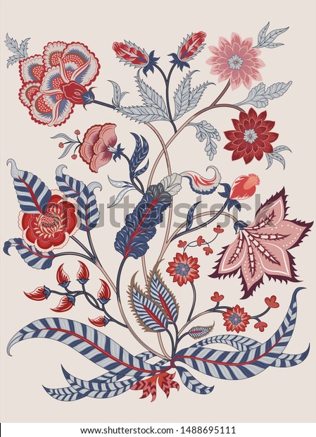 Woodblock printed  ethnic\
floral all over pattern. Traditional oriental motif of India Mogul\
with bouquets of scarlet red flowers on ecru background. Textile\
design.