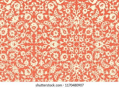 Woodblock printed orange seamless ethnic floral geometric border. Traditional oriental ornament of India Kashmir, flowers wave and arcade motif, beige  on orange background. Textile design.