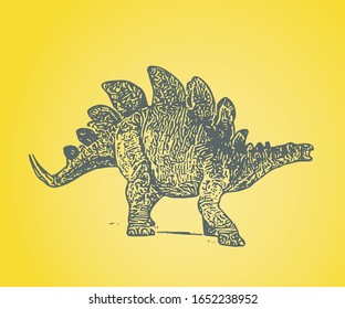 Woodblock style vector illustration of walking Stegosaurus on yellow background