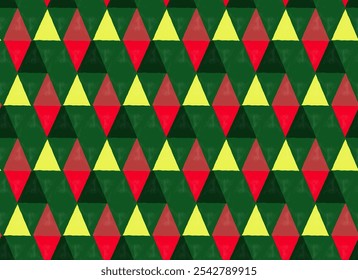 Woodblock-style seamless pattern with triangles, Christmas forest, background, packaging, geometric