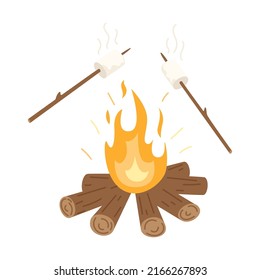 A wood-burning bonfire and fried marshmallows on sticks. Picnic, hiking, camping, tourism. Flat vector illustration isolated on a white background.