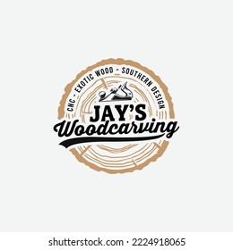 woodcarving logo jay woodworks with machine and wood patterns