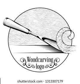 Woodcarving logotype Illustration with a chisel, cutting a wood slice, vintage style logo, black and white isolated engraving.