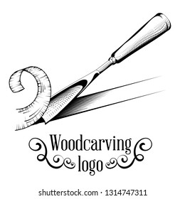 Woodcarving logotype Illustration with a chisel, cutting a wood slice, vintage style logo, black and white isolated engraving.