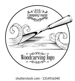 Woodcarving logotype Illustration with a chisel, cutting a wood slice, vintage style logo, black and white isolated engraving.