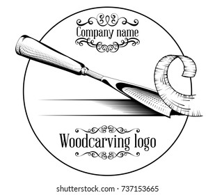 Woodcarving logotype Illustration with a chisel, cutting a wood slice, vintage style logo, black and white isolated.