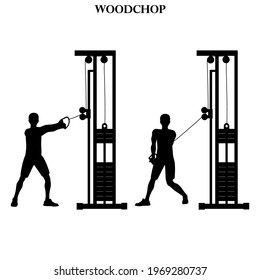 Woodchop exercise strength workout vector illustration silhouette on the white background. Vector illustration