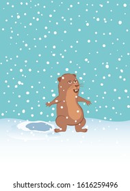 Woodchuck climbed out of the hole and rejoices to snowfall. This is a sign of early spring. Happy Groundhog Day. Vector illustration.