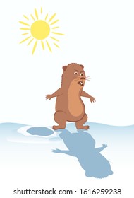 Woodchuck near his burrow. Sun in the sky. Funny marmot scared of his shadow. Vector illustration for February 2 Groundhog Day.