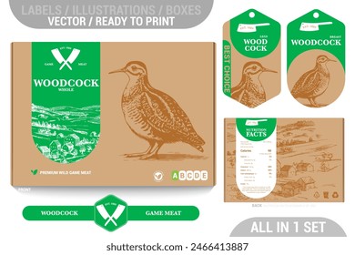 Woodcock game meat packaging design set featuring detailed hand drawn illustrations, accents and informative labels. Perfect for farms, butchers, and supermarkets seeking a high quality meat 