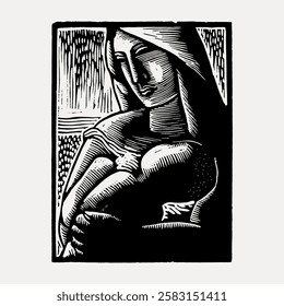 Woodcut art of a mother and child. Black and white illustration depicting a mother holding a child. Expressive woodcut style, mother and child theme. Vintage woman illustration isolated, vector.