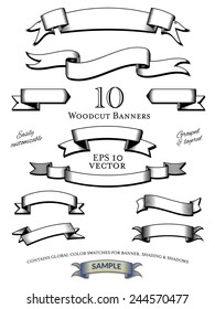 Woodcut Banners Vector Set. Collection of woodcut engraved banners vector illustration, easily customizable with global color swatches. Objects grouped and layered.