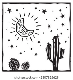 Woodcut of cacti in a night with moon and stars. Vector in Brazilian cordel style