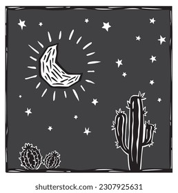 Woodcut of cacti in a night with moon and stars. Vector in Brazilian cordel style