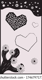 Woodcut in cordel style with hearts, cactus and starry sky.