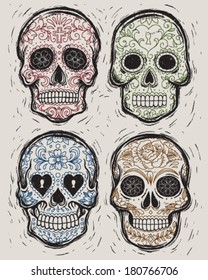 Woodcut Day of the Dead Vector Illustration Set