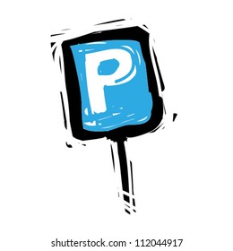Woodcut engrave illustration of road sign parking