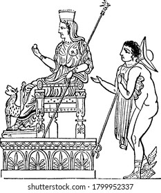 The wood-cut from a fictile vase in the Museo Borbonico at Naples, represents Juno seated on a splendid throne, which is elevated on a basement, vintage line drawing or engraving illustration 