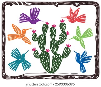 Woodcut frame with birds and cactus. Hummingbirds and Mandacaru. Illustration in the style of woodcut and Brazilian cordel. Editable vector