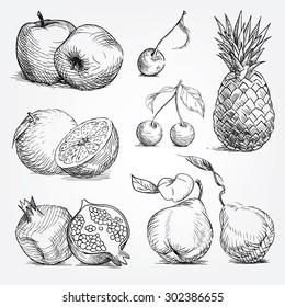 woodcut fruist set,  pineapple, orange, apple, cherry, pear, garnet