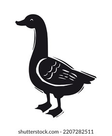 Woodcut goose icon. Animal on farm, agriculture. Sticker for social networks and messengers, logotype and brand. Creativity and art. Faun, pet and wild life. Cartoon flat vector illustration