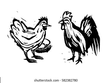 Woodcut Hen & Rooster Chickens