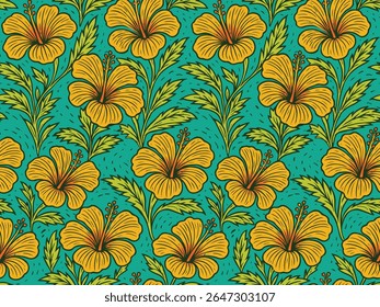 
Woodcut Hibiscus Seamless Pattern, suitable for fashion design, decoration, fabric, wallpaper and printing on turquoise background