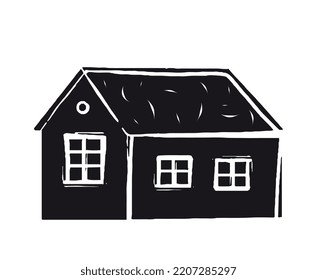 Woodcut house icon. Building and rural architecture. Countryside, village, farm and agriculture. Poster or banner for website, graphic element for printing on fabric. Cartoon flat vector illustration