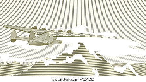 Woodcut illustration of a 1930s style clipper flying over some mountains.