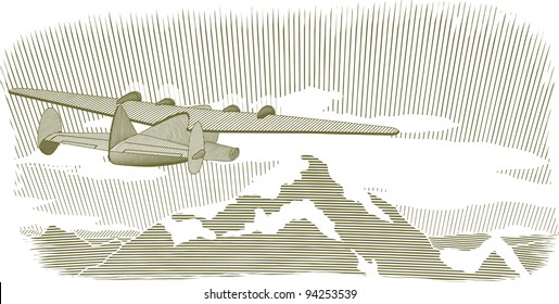 Woodcut illustration of a 1930s style clipper flying over some mountains.