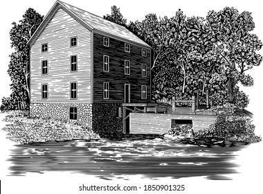 Woodcut illustration of Alley Spring and Mill National Park in Shannon County Missouri.