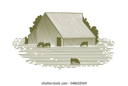 Woodcut illustration of a barn and cattle.