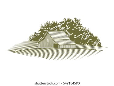 Woodcut illustration of a barn and field.