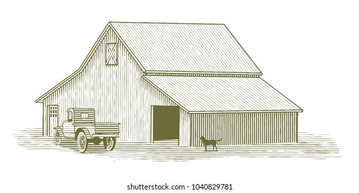 Woodcut illustration of a barn with a truck and a pet dog in the foreground.