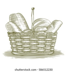 Woodcut illustration of a basket of bread.