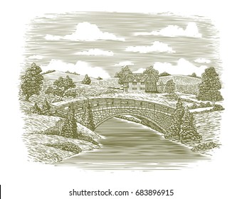 Woodcut illustration of a bridge over a stream in a rural country setting.