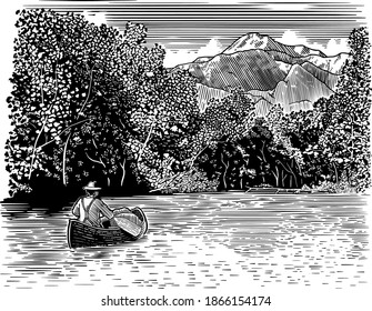 Woodcut illustration of an explorer canoeing down a river with mountains in the background.