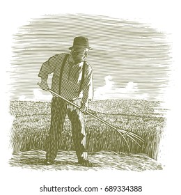 Woodcut Illustration Of A Farmer Working In A Wheat Field.