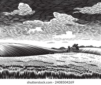 Woodcut illustration of a grassy farm field with a barn in the background.