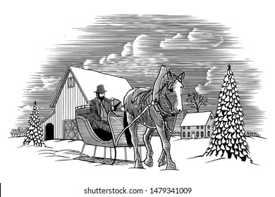 Woodcut illustration of a horse pulling a sleigh in the snow past an old barn and farm house in the background.