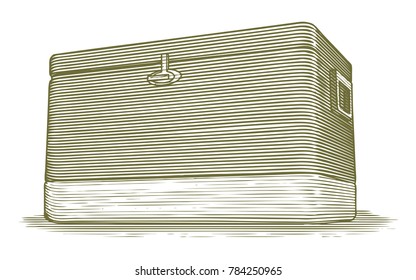 Woodcut illustration of an ice cooler.